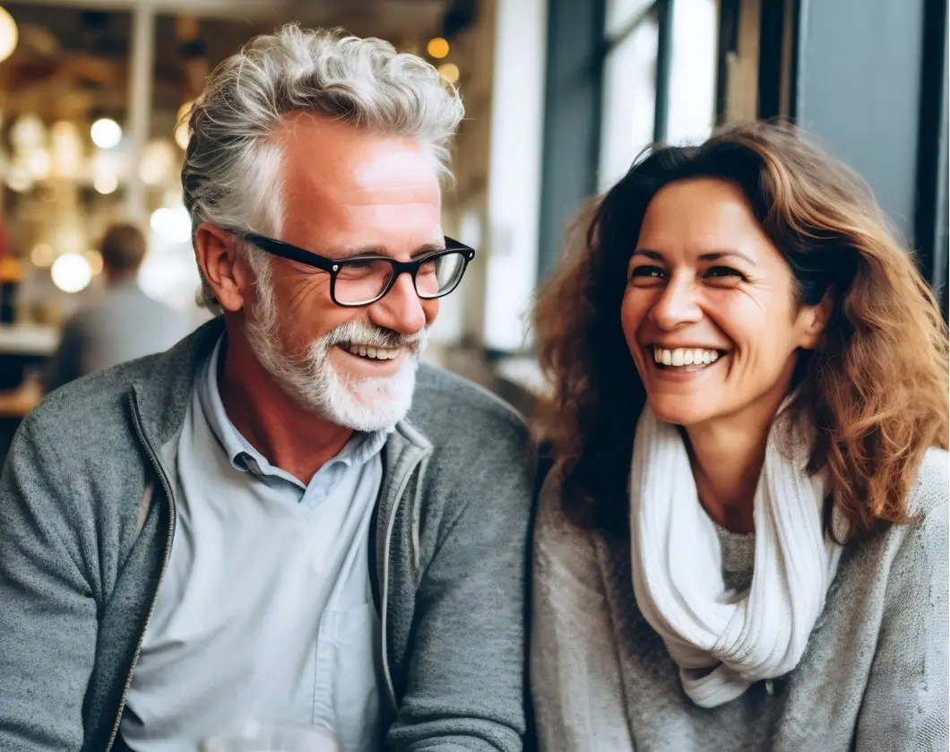 Un homme et une femme sont assis près d'une fenêtre à l'intérieur ; ils se sourient dans un espace lumineux et accueillant.